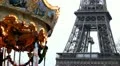 Eiffel Tower and Carousel (merry go round) in Paris, France, French Architecture HD Footage