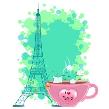 Eiffel Tower and a cup of tea. Vector illustration. Stock Illustration