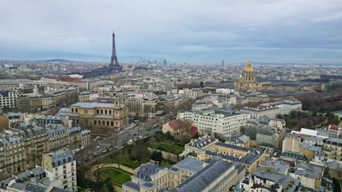 Eiffel Tower and the Invalides seen from aerial view, Paris urbanscape, Stock Footage 286084414