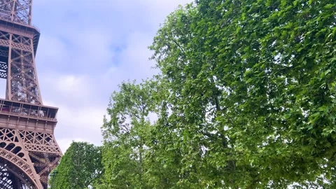 Eiffel Tower and lush tree crowns against the sky in spring in Paris, France. Stock Footage 311942876