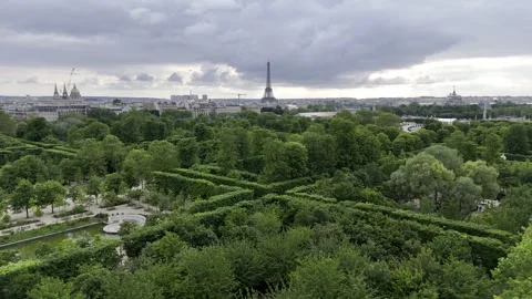 Eiffel Tower and Paris skyline from Tuileries Garden - Aerial drone view Stock Footage 337197813