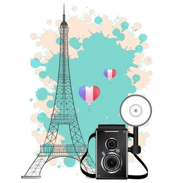 Eiffel tower and retro camera. Vector illustration. Stock Illustration