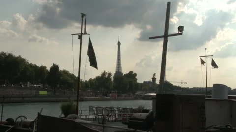 Eiffel Tower and River Seine Boats 2 Stock Footage 52880495