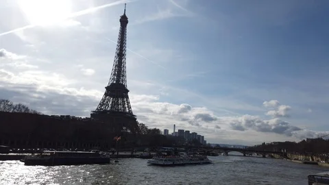 The Eiffel Tower and the River Seine on a Bright Spring Day Stock Footage 104254059