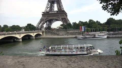 Eiffel Tower and Riverboat Stock Footage 42418945
