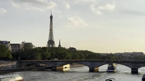 Eiffel Tower and Seine River at sunset in Paris, France Stock Footage 337196621