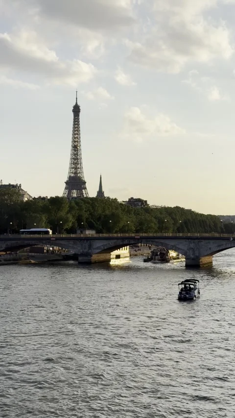 Eiffel Tower and Seine River at sunset in Paris, France Stock Footage 337196623