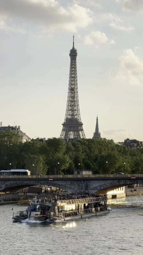 Eiffel Tower and Seine River at sunset in Paris, France Stock Footage 337196627