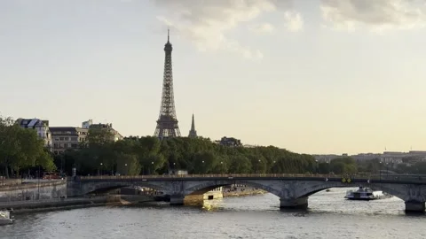 Eiffel Tower and Seine River at sunset in Paris, France Stock Footage 337196632