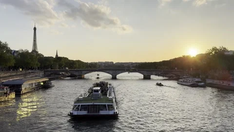Eiffel Tower and Seine River at sunset in Paris, France Stock Footage 337196649