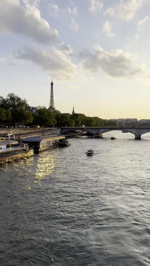 Eiffel Tower and Seine River at sunset in Paris, France Stock Footage 337196650