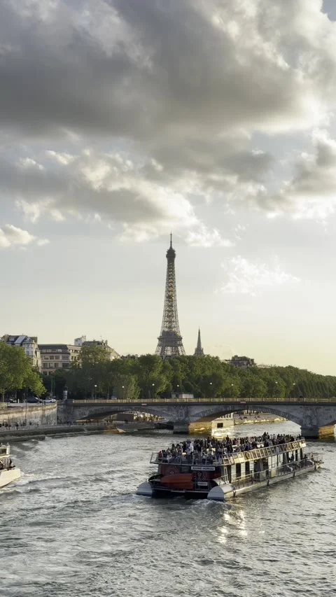 Eiffel Tower and Seine River at sunset timelapse in Paris Stock Footage 337197858