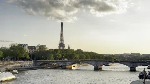 Eiffel Tower and Seine River at sunset timelapse in Paris Stock Footage 337197861