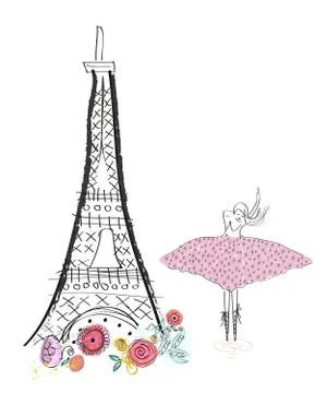 Eiffel tower and spring flowers and ballet dancer Stock Illustration