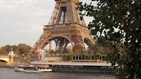 Eiffel Tower and Vedettes de Paris dock on an Autumn day in Paris, France Stock Footage 224140518