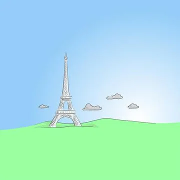 Eiffel Tower on the background of mountain landscape hand drawn vector Stock Illustration