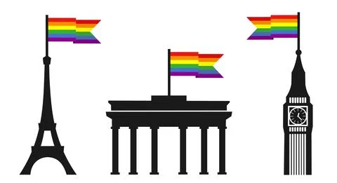 Eiffel tower, Big Ben and Brandenburg gate with gay flag - liberal and tolera Stock Illustration