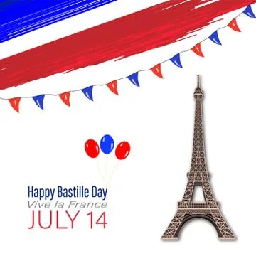 Eiffel Tower Black Silhouette Vector Illustration. Happy Bastille Day, 14 Jul Illustrazione stock