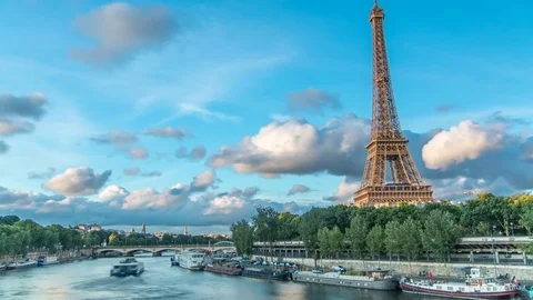 Eiffel Tower with boats in evening timelapse Paris, France Stock Footage 80630911