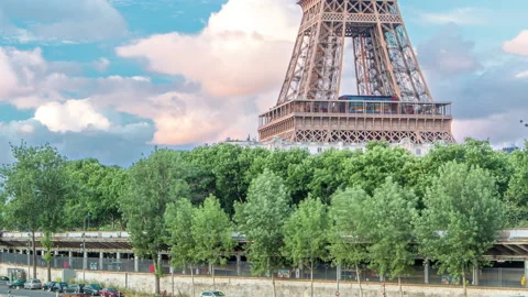Eiffel Tower with boats in evening timelapse Paris, France Stock Footage 236712897