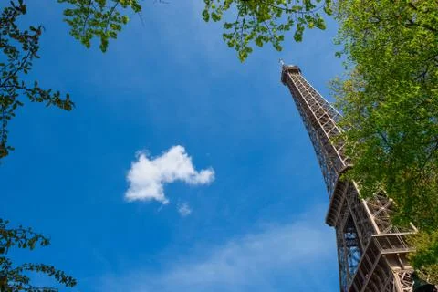 Eiffel Tower with a border of green trees leaves in Paris France at sunny day Stockfoto's