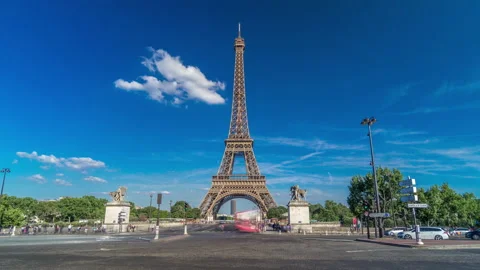 Eiffel Tower with bridge over Siene river in Paris timelapse hyperlapse, France Stock Footage 143392962
