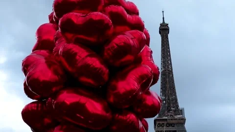 Eiffel Tower with Bright Red Balloons, Paris, France. Romantic Travel Background Stock Footage 220358201