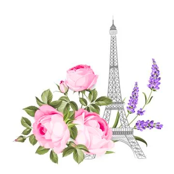 The Eiffel tower card. Eiffel tower simbol with spring blooming flowers over Stock Illustration