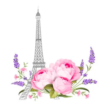 The Eiffel tower card. Eiffel tower simbol with spring blooming flowers over Stock Illustration