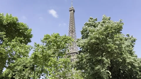 Eiffel Tower from Champ de Mars in Paris, France on a clear spring day Stock Footage 337196679