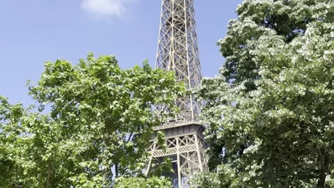 Eiffel Tower from Champ de Mars in Paris, France on a clear spring day Stock Footage 337196684