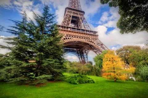 Eiffel Tower from Champ de Mars park in Paris, France 스톡 사진
