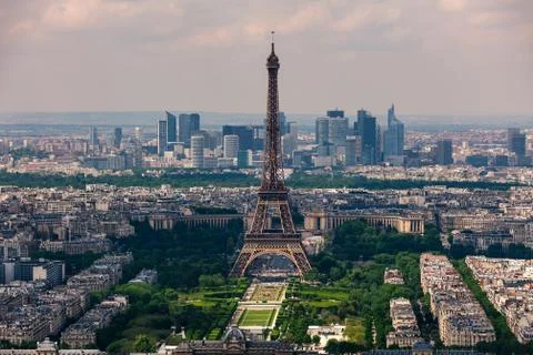 Eiffel Tower, Champ de Mars and La Defense district as seen from above. Stock Photos