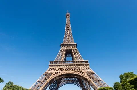 Eiffel Tower from the Champ de Mars gardens in summer. Stock Photos