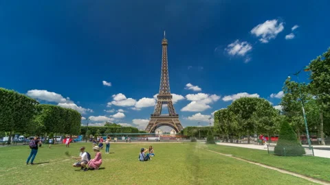 Eiffel Tower on Champs de Mars in Paris timelapse hyperlapse, France Stock Footage 93034934