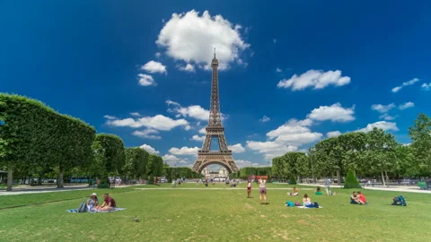Eiffel Tower on Champs de Mars in Paris timelapse hyperlapse, France Stock Footage 93035140
