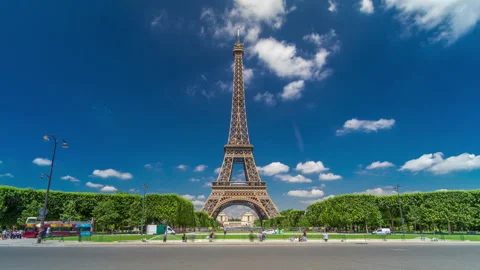 Eiffel Tower on Champs de Mars in Paris timelapse hyperlapse, France Stock Footage 241323233