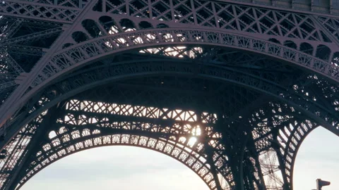 Eiffel Tower Close Up 3/4 Hight Bottom Angle Shot Bottom Part Sun Behind Stock Footage 271602660