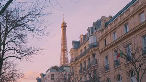 Eiffel Tower Close Up Bulding With Green Red Flag Timelaps Stock Footage 271670343