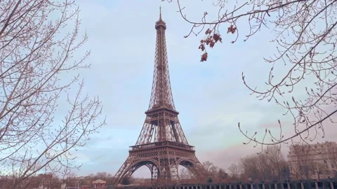 Eiffel Tower Close up Pan Top Down Seine River Boat Passing By Stock Footage 271598394