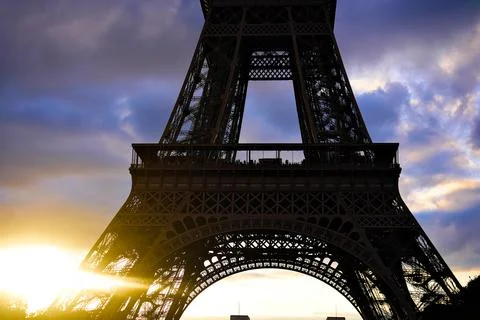 Eiffel Tower close-up at sunset Paris France 스톡 사진