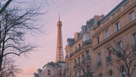 Eiffel Tower Close Up Upper Side Bulding With Green Red Flag Stock Footage 271670379