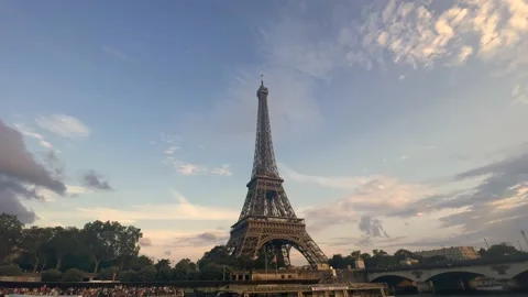 Eiffel Tower Closer View with Bridge from River Boat, River Drive, Paris, France Stock Footage 160017478