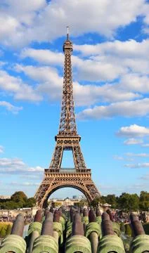 Eiffel tower with clouds on blue sky  in Paris in France seen from the Trocad Fotos de archivo
