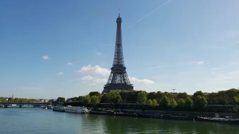 Eiffel Tower Daytime View and Champ de Mars Iron Lattice 4K Stock Footage 332134006
