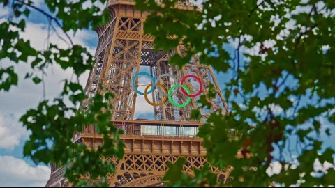 Eiffel tower decorated with Olympic rings for the Olympic games 2024. The Stock Footage 281544684
