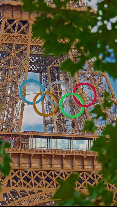Eiffel tower decorated with Olympic rings. The Olympic rings installed on the Stock Footage 283142652