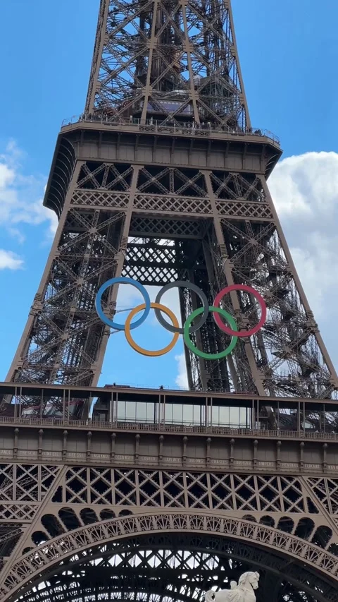 Eiffel Tower Decorated With Olympic Rings Paris 2024 Games 4K Stock Footage 315751165
