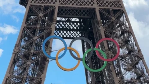 Eiffel Tower Decorated With Olympic Rings Paris 2024 Games 4K Stock Footage 315751177