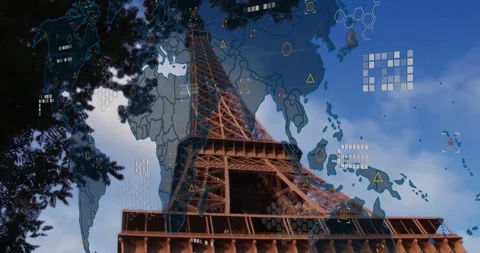 Eiffel Tower with digital world map and data processing animation overlay Stock Footage 303429655